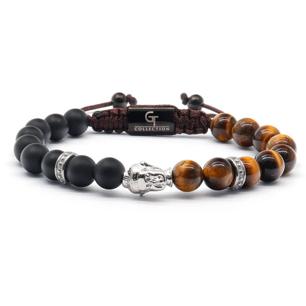 男士银佛珠手链配虎眼和缟玛瑙石